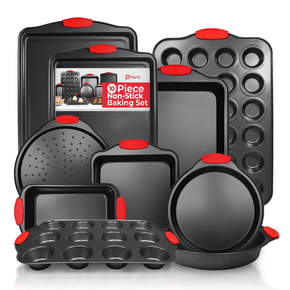 PERLLI Non-Stick 8-Piece Baking Pan Set, BPA-Free Carbon Steel Bakeware Set with Silicone Handles, Stackable Kitchen Oven Set, Cookie Sheet, Baking Tray, Baking Sheet Set, Oven Safe (446°F)