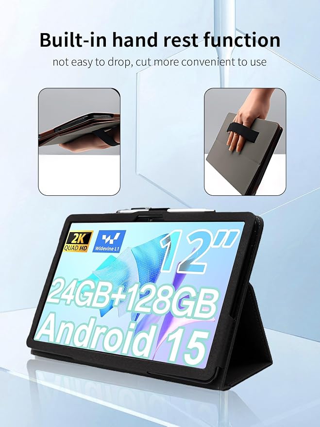 Case for Generic A116C Tablet 12 inch Android 15 TabletsUYRUREL Leather Slim Folding Stand Cover with Hand Strap Magnet for Men Women Full ProtectionBlack.