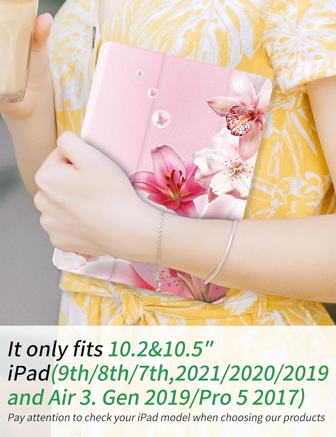 Case for iPad 9th/ 8th/ 7th Generation Case 10.2&amp10.5 Inch (2021/2020/2019 Release) Slim Lightweight Soft Trifold Back Cover with Pencil Holder &amp Auto Sleep/Wake Cover Cherries Cheetah Bows