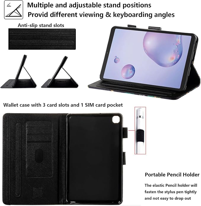 for Galaxy Tab A 8.4 Case 2020 Model (SM-T307/T307U) with Pencil Holder Pockets Multi-Angle Viewing Folio Stand PU Leather Shockproof TPU Cover for Samsung Tab A 8.4 T307 Black Rose Flower