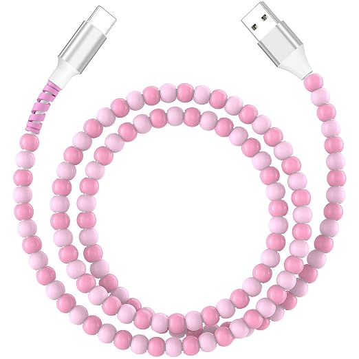 Jelanry 3FT USB-A to USB-C Fast Charging Cable Beaded &ampData Sync Women Girl | Cute kawaii beaded cable for iPhone 17/16/15 Samsung S26/S25/S24 Pixel iPad Fast charge for daily use office &amp tra