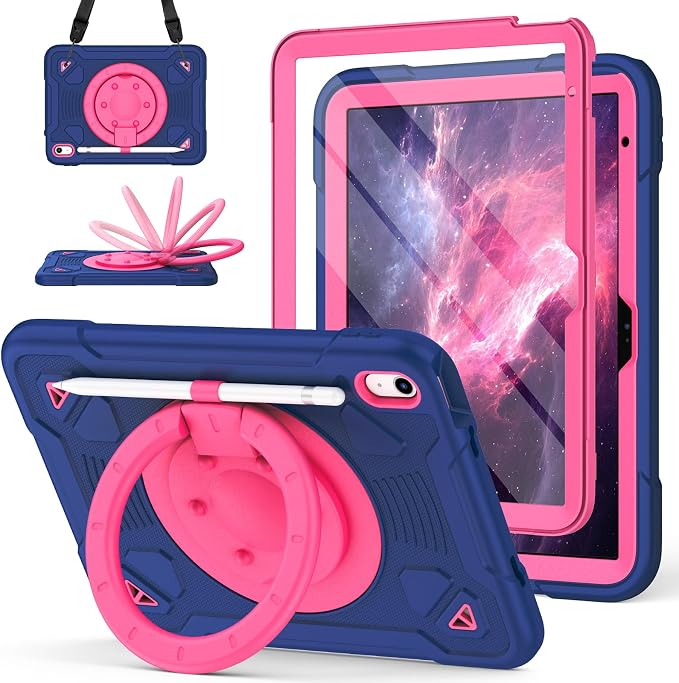 for iPad (A16) 11th Generation Case 11 Inch 2025 iPad 10th Generation case 10.9 Inch 2022 Shockproof Case with Screen Protector 360° Rotating Stand Shoulder Strap Pencil Holder Navy+Pink