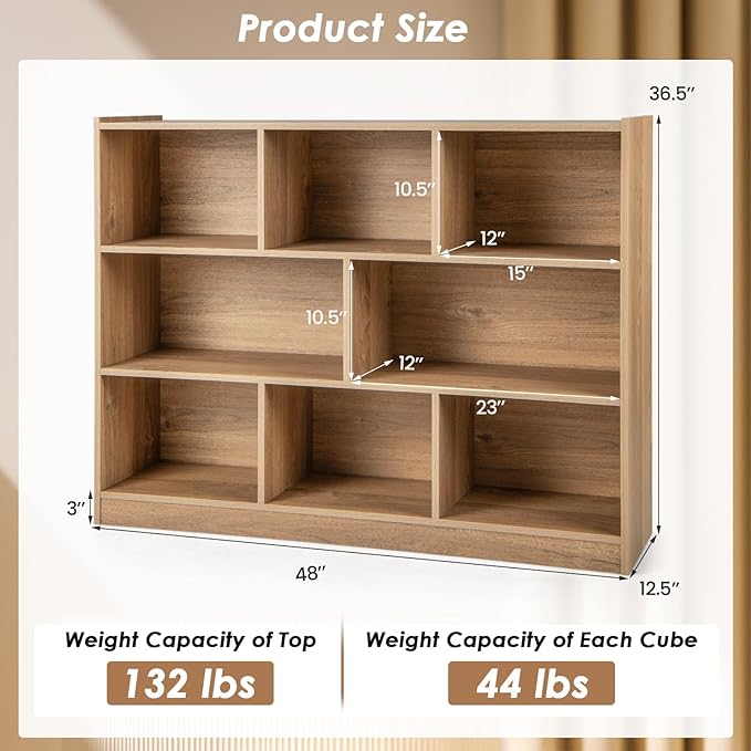 NAFORT 8-Cube Organizer Storage Cabinet, 3-Tier Bookshelf,Low Displaycase, Wooden Bookcase for Bedroom/Preschook/Classroom/Office, Natural
