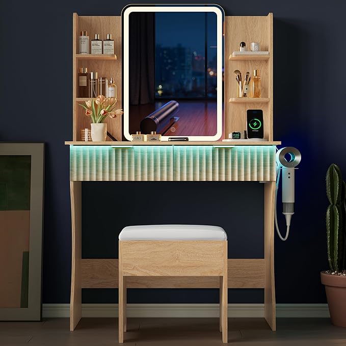 Vanity Desk with LED Lights Mirror & Power Outlet, Small Makeup Vanity Table Set with Storage Drawers & Chair, 3 Lighting Modes & Adjustable Brightness, Dressing Table for Women Girls Bedroom, Oak