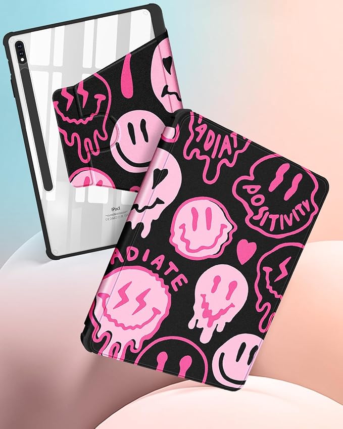 Wazzasoft for Samsung Galaxy Tab S7/S7 Plus/S8 Plus Case - 12.4 Inch Folio Cover with Pencil Holder - Women/Girl Cute Girly Black Flower Unique Design - Rotating Tablet Case