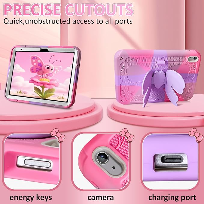 for iPad 10th Case 10.9 Inch for iPad A16 Case for Kids Girls Purple Pink | Built in Pencil Holder Stand Durable Rugged Heavy Duty Shockproof Protective Cover for iPad 10th Generation with Strap