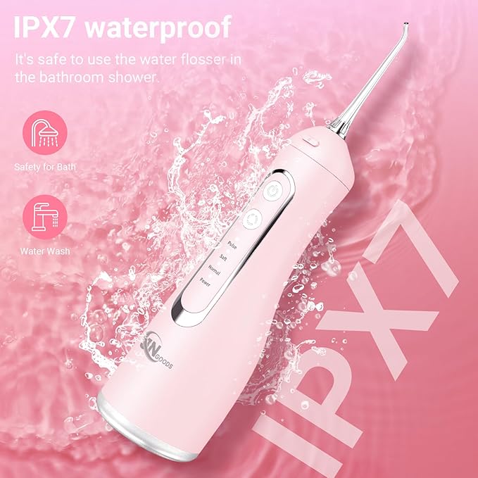 JNGOODS Cordless Water Dental Flosser Oral irrigator,JNGOODS 300ml Rechargeable Water flosser for Teeth IPX7 Waterproof 4 Modes Portable Oral Irrigator with 4 Jet Tips, Travel Home use (Pink)