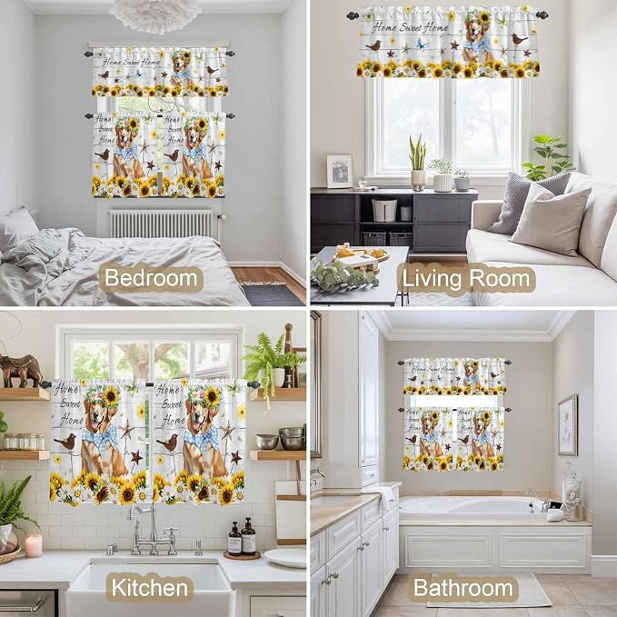 Kitchen Curtains Tiers and Valance Set of 3, Sunflowers Dog Light Filtering
