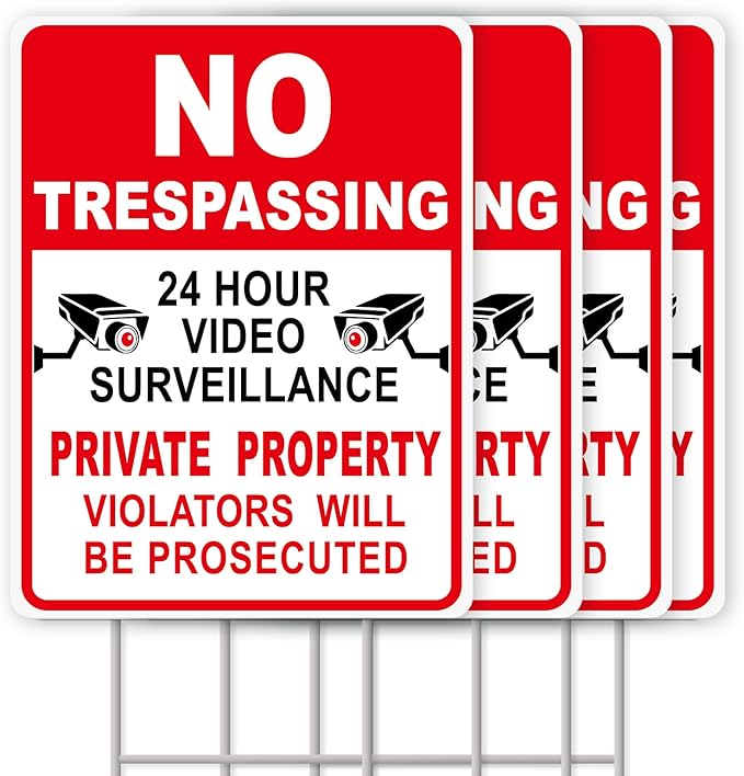 NO Trespassing Signs Private Property Video Surveillance Sign, Large 4-Pack 13"x10" Double-Sided Signs, Corrugated Plastic, H-Metal Stakes, Outdoor Yard Sign for Home and Front Door Land, and Garden, Lawn