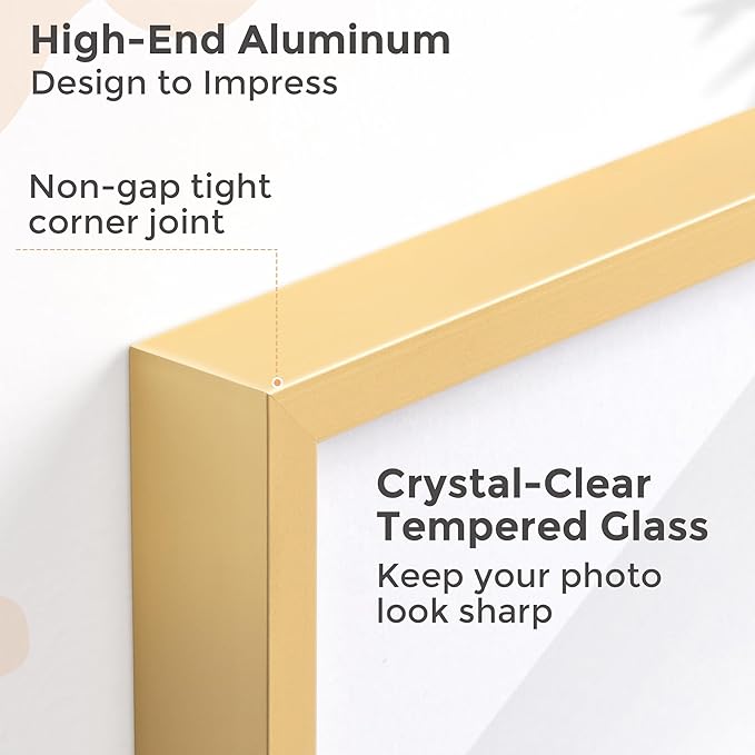 16x16 Metal Square Picture Frame For Wall With Mat For 12x12, 16''x16'' Aluminum Photo Frames With Tempered Glass For Home Decor, Minimalist Modern Poster Frame Horizontally Vertically, Gold