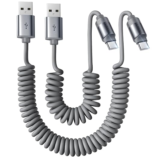 LISEN Chubby Cable Coiled Cable 2 Pack Car Play Cord | for Android Auto Short USB A to USB C Cable for iPhone 17/16/15 Samsung Galaxy S25/S24 A15/A14 Google Pixel 9/8 Blue 4FT