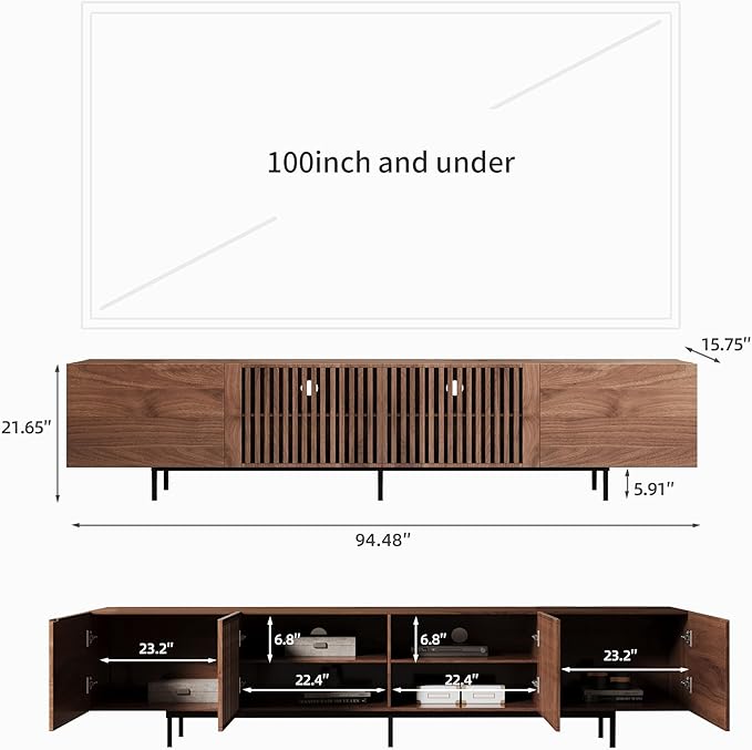 Pajiasen 94.48″ Mid Century Modern Walnut TV Stand with Grille Doors, Storage Cabinets,Entertainment Center for TVs Up to 80",Media Console for Living Room or Bedroom