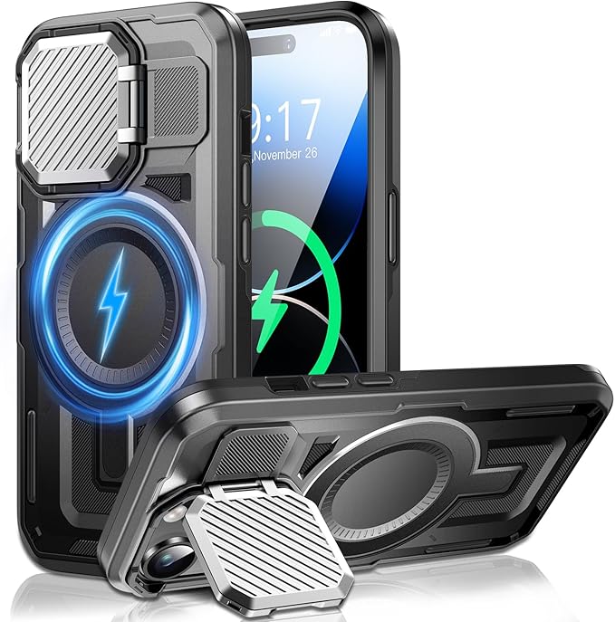 Camera Stand Case for iPhone 14 Pro, [Compatible with MagSafe] [Lens Cover] 2024 Version Military Grade Protective Soft Case for iPhone 14 Pro 6.1 inch Men Women, Black