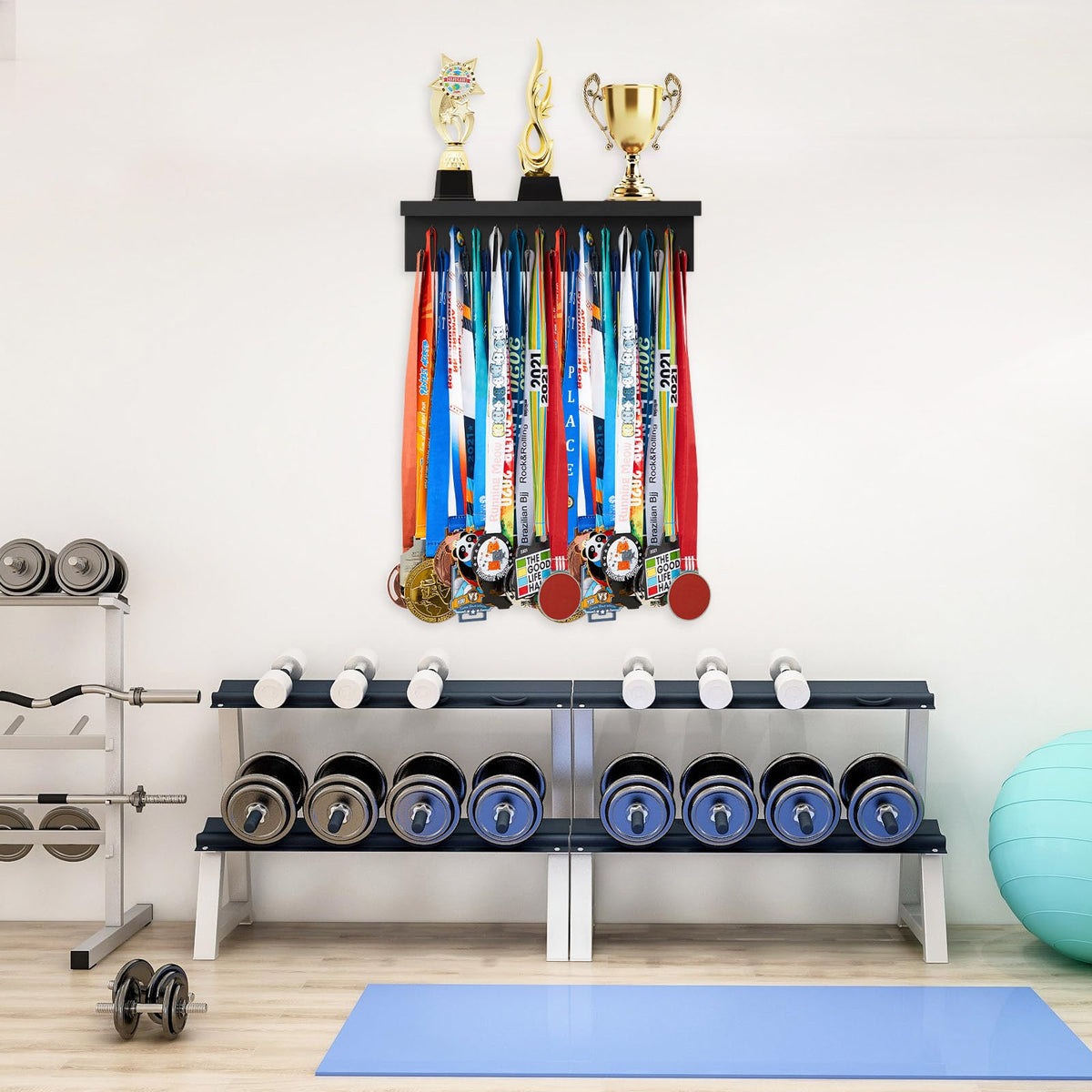 Threehoney Wooden Medal Hanger Display Trophy Holder Shelf with 25/37/49/65/83 Hooks Wall Mount Ribbon Holder Gift for Gymnastics Running Soccer Awards