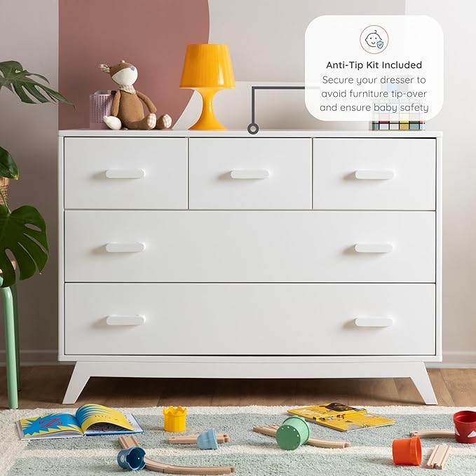 dadada Soho 5-Drawer Dresser for Nursery and Bedroom - Modern Design, Large Storage, Baby-Safe Finish, Soft Close Drawers, Anti-Tip Safety, Sturdy Legs & Solid Wood Handles, 47” Wide (White)