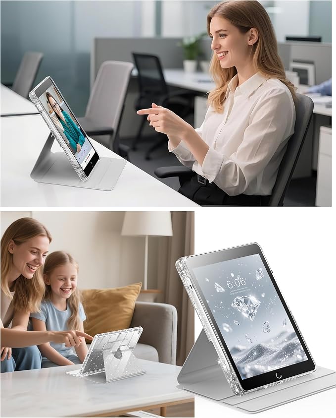 INFILAND Rotating Case for iPad 6th / 5th Generation (2018/2017) iPad 9.7 Inch Case iPad Air 2 / iPad Air 1 360 Rotating Cute Glitter Cover with Clear Back Pencil Holder (Black)