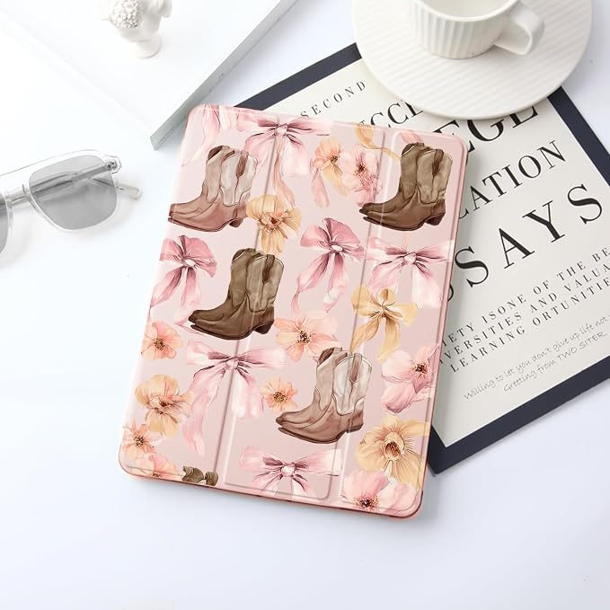 JOYLAND Pink Bow Compatible with iPad 6th/5th Generation (2018 2017 Model 9.7 Inch)iPad Air 2/Air 1 (9.7 Inch) with Pencil Holder-Trifold Stand Protective Cover with Soft TPU BackBlack