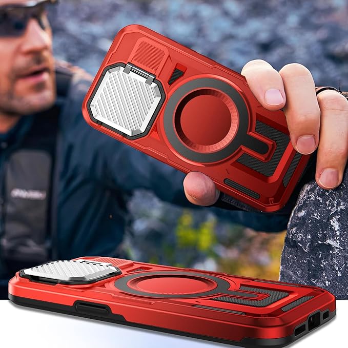 Camera Stand Case for iPhone 16E, [Compatible with Mag Safe] [Lens Cover] 2024 Version Military Grade Protective Soft Case for iPhone 16E 6.3 inch Men Women, Red