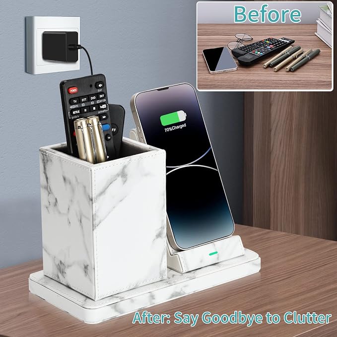 Wireless Charger with Desk Organizer Wireless Charging Station for iPhone 13/13 Pro Max/13 Pro/12 Series/11/XS Max/XR/X/8Plus/SE 2 Wireless Charging Stand with Leather… (Black)