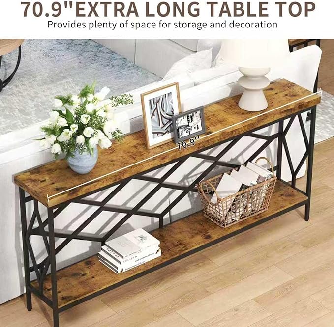 karlott 71" Extra Long Entryway Table, Narrow Console Table, Industrial Sofa Behind Couch Table with Open Storage Shelf, Hallway Table for Entryway, Living Room, Foyer, Entrance, Unique Design, Brown