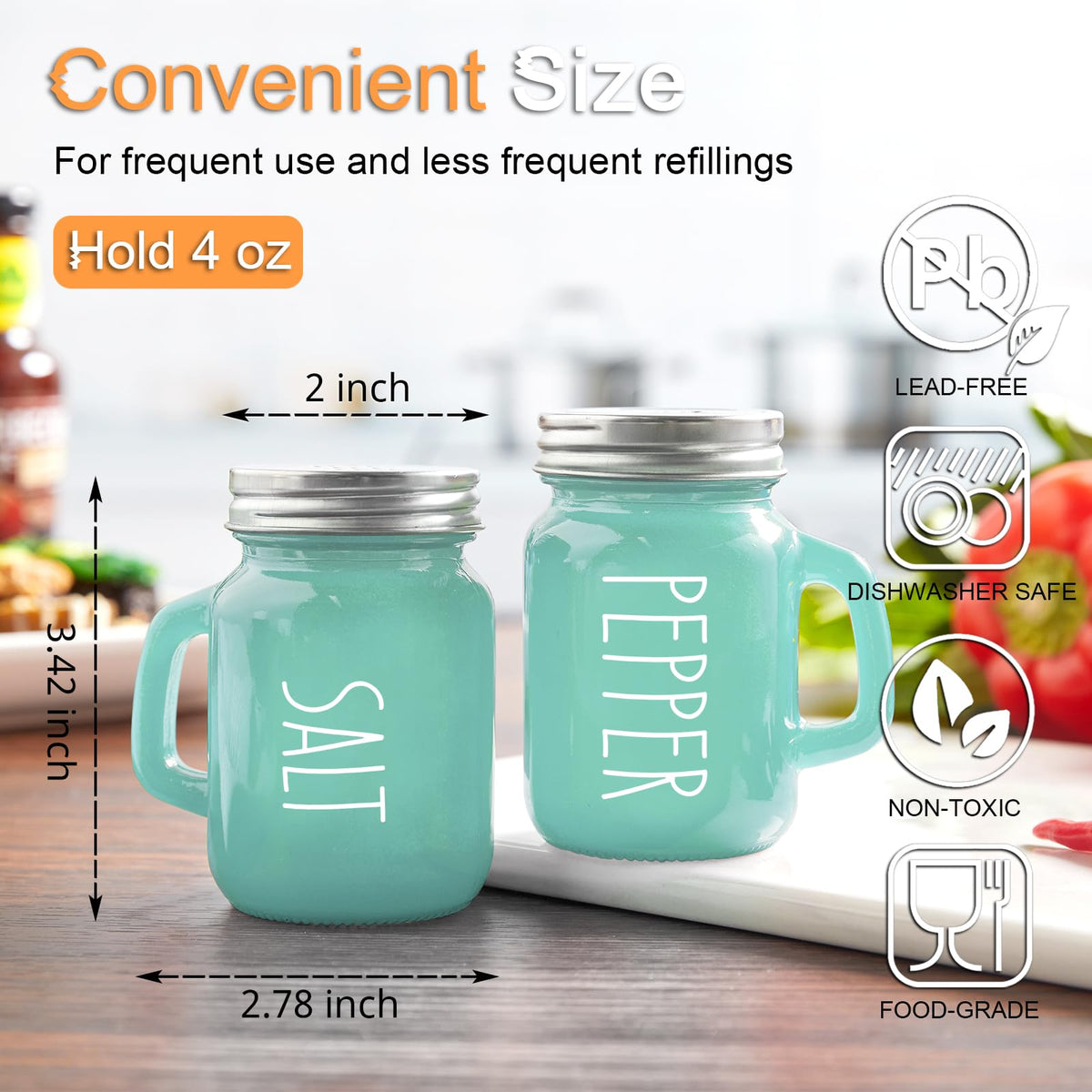 Turquoise Salt and Pepper Shakers Set - Teal Kitchen Decor and Accessories for Home Restaurants Wedding - Glass Salt and Pepper Set for Cooking Table, RV, BBQ, Easy to Clean & Refill