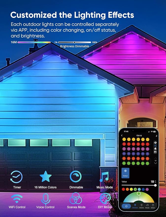 APPECK Permanent Outdoor Lights 50ft,RGBW Eaves Light with 36 LED Lights,111+ Scenes Modes Outdoor Lighting, Waterproof Permanent Light for Daily Holiday Halloween Decorations, Works with Alexa,White