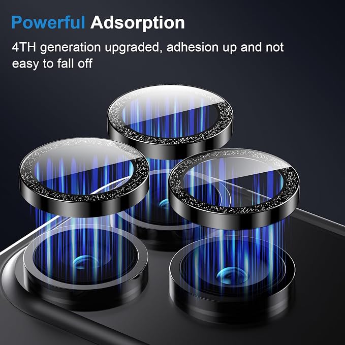Korecase for iPhone 17/iPhone 16/iPhone 16 Plus Camera Lens Protector Bling 9H Tempered Glass Anti Scratch Camera Screen Protector Shockproof Film Metal Ring Lens Protector Glitter-Black