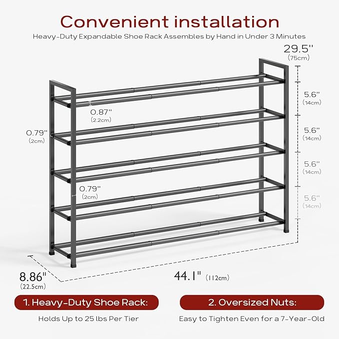 Bumusty 5-Tier Long Expandable Shoe Rack for Closet, 18"-44" Adjustable Shoe Rack for Entryway, 25-30 Pairs Large Shoe Organizer Shelf Storage, Sturdy Metal, Grey