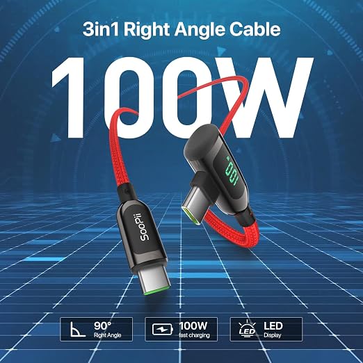 SOOPII 100W Right Angle USB C to USB C Cable2-Pack 1FT Zinc Alloy Case Nylon Braided Type-C Cable with LED Display for lPad Mini/Air/ProMacBook ProSamsung S23/S22/S10PixelLG(0.3mBlack)