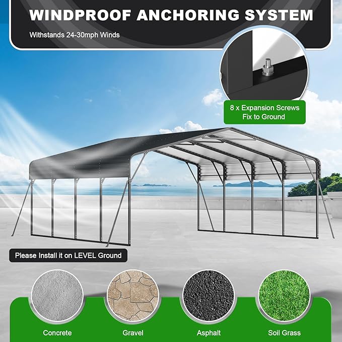20x20FT 2 Car Metal Carport Kits, Heavy Duty Two Car Ports on Clearance with Galvanized Metal Roof, Outdoor Garage Double Car Shelter Shade for Car, Boats and Truck (Dark Gray)