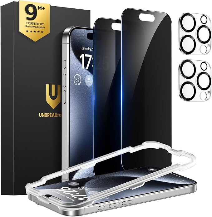 UNBREAKcable iPhone 15 Privacy Screen Protector 2-Pack Upgraded Dual-Tempered Glass + 2 Camera Lens Protectors 25° Anti-Spy Military-Grade 9H+ HD Clear Anti-Fingerprint 6.1 Inch