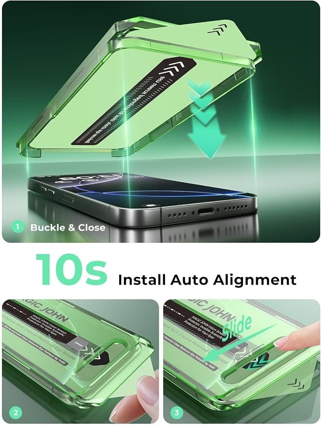 MAGIC JOHN 2 Pack for iPhone 15 Pro Screen Protector Eye Protection | HD Clear Auto Dust-Elimination 9H Tempered Glass &amp Scratch Resistance Full Edge Coverage