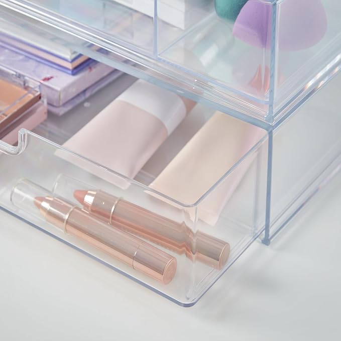STORi STAX Plastic Stackable Organizer Drawers (Set of 2) Clear | 12.5" Wide | Set Includes One Open Drawer & One Divided Drawer | Organize Office Desk Accessories & Sort Paper | Made in USA
