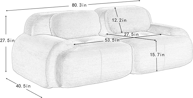 80" Modern Corduroy Boneless Love Seat Couches, 2 Seater Large Sectional Couches for Living Room, Black Cloud Modular Sectional Sofa, Memory Foam, Extra Deep Loveseat, No Assembly
