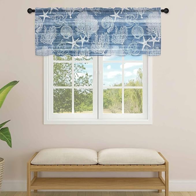 Navy Blue Retro Summer Sheer Valance Curtains, Sea Turtle Starfish Coral Ocean