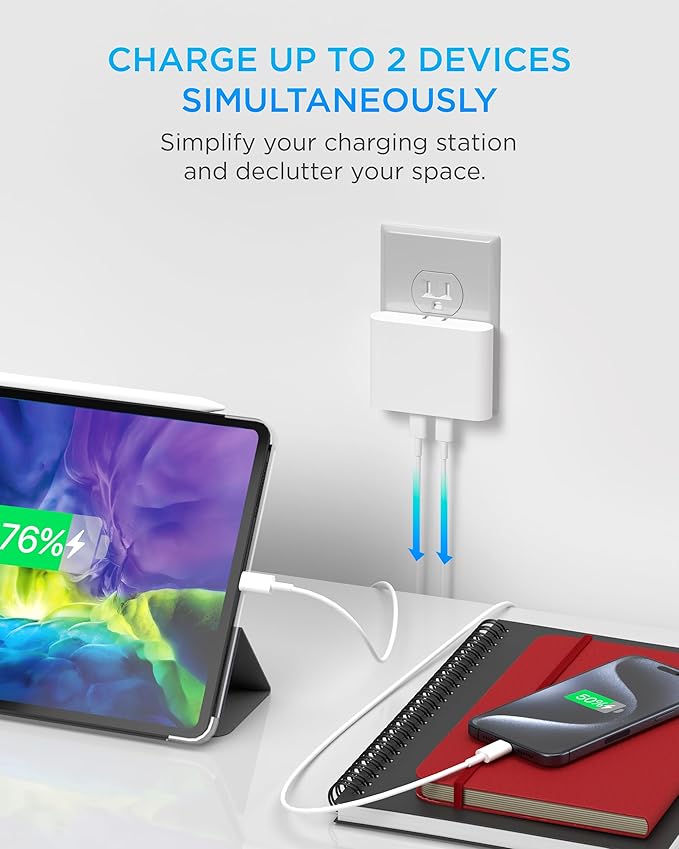 iHome Multiport 40W USB-C Charger, AC Pro 2-Port Flat Block, Dual Fast Charging Wall Adapter