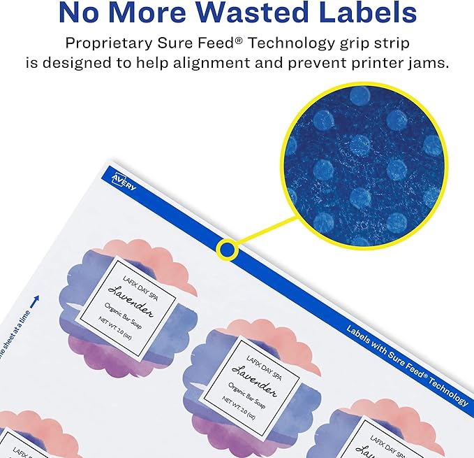 Avery Glossy White Round Scalloped Labels, Sure Feed Technology, 2.5" Diameter, 90 Glossy White Labels, Print-to-The-Edge, Permanent Adhesive, Laser/Inkjet Printable