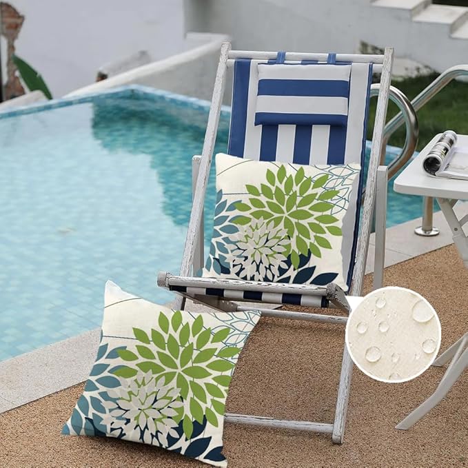 RABUSOFA Outdoor Pillow Covers 18x18 Inch Set of 2 Green Blue Flower Decorative Waterproof Spring Summer Floral Outdoor Cushion Covers for Patio Funiture Garden Couch Decor