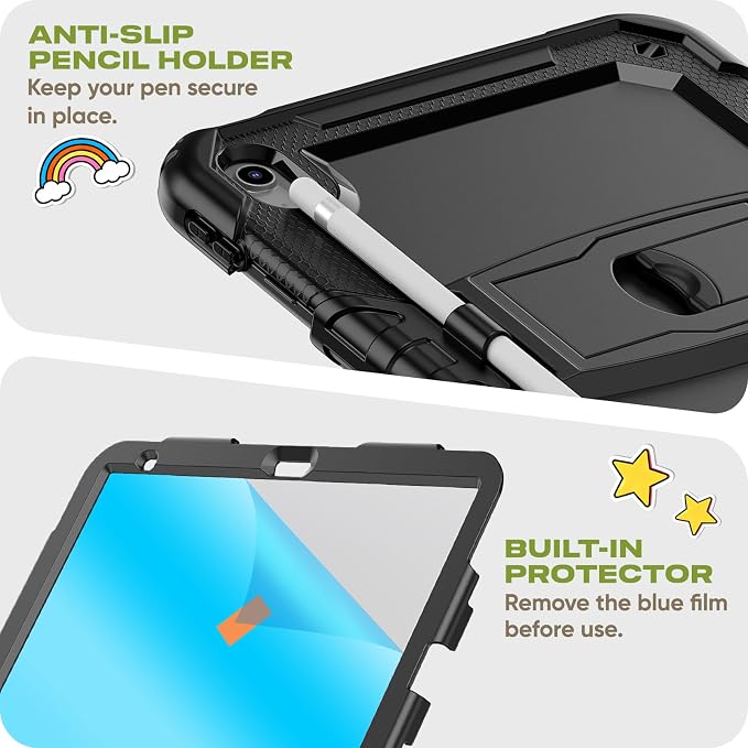 HXCASEAC Case for iPad 9th/8th/7th Generation Case Kids Boys Drop Proof | Built-in Screen Protector Pencil HolderStand Protective Silicone Shockproof Hard Rugged Black