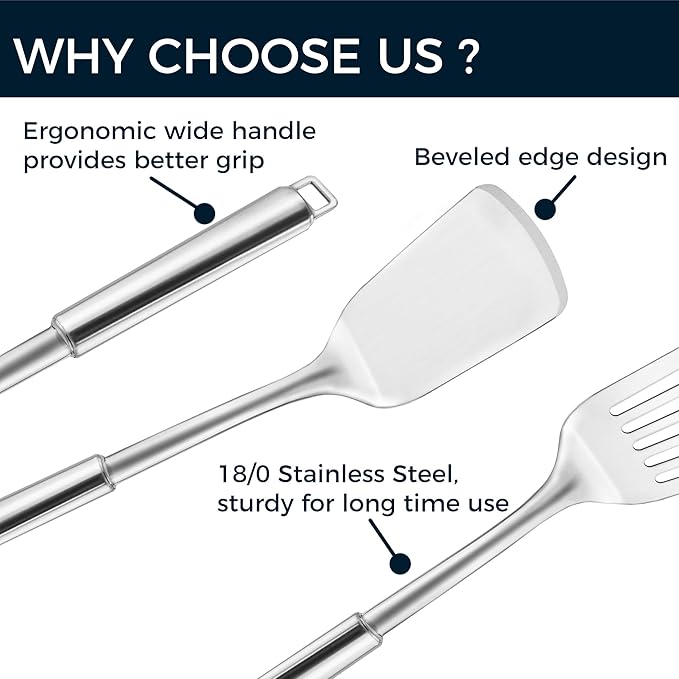 MUJINON 14.5-in Stainless Steel Spatula Set, 18/0 SS Heavy Duty Turner & Slotted Spatula for Kitchen Use, Cast Iron Grilling Frying, Pack of 2