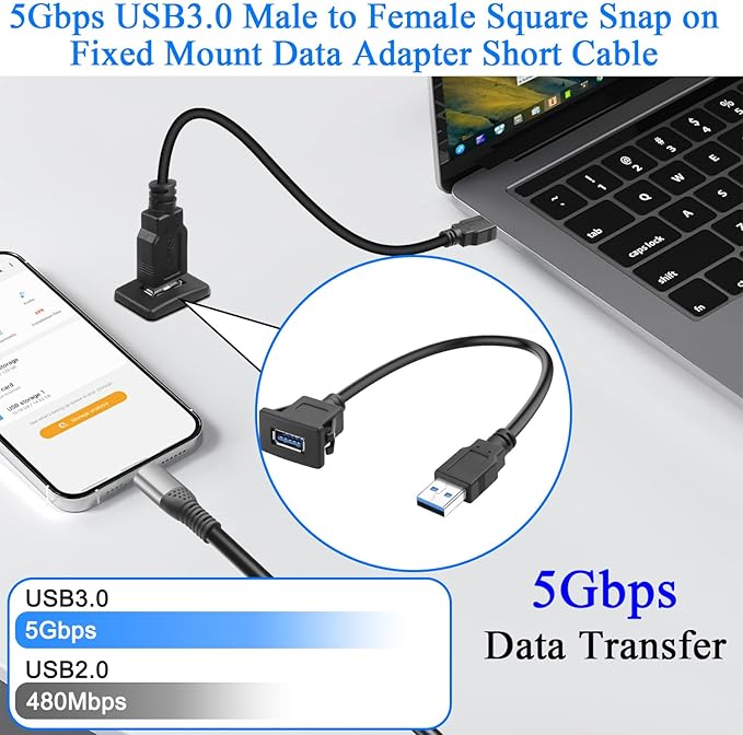 QIANRENON 5Gbps USB3.0 Square Snap on Mount Adapter Short Cable USB3.0 Male to Female Flush Fixed Mount Charging Data Connector Extension Cable 5V/2A for Desktop Dashboard Panel 30cm/11.8in