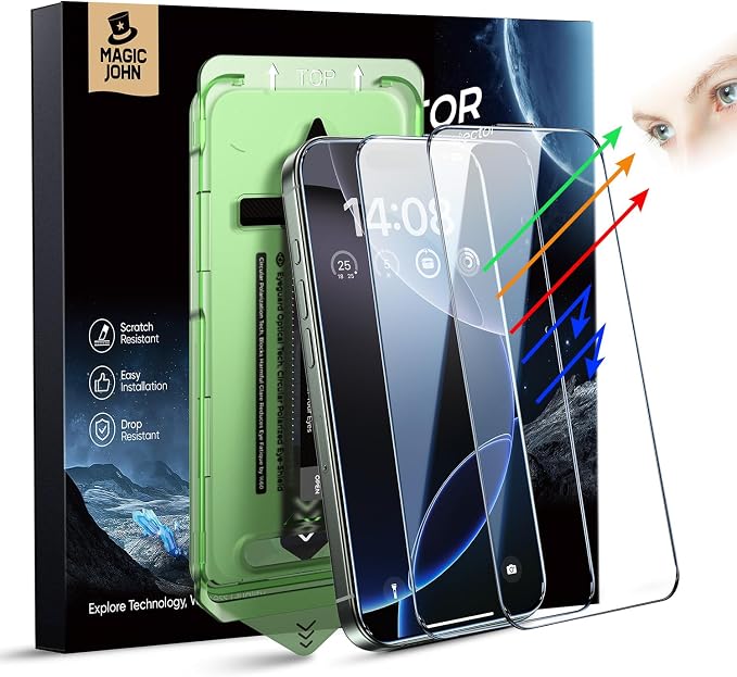MAGIC JOHN 2 Pack for iPhone 15 Pro Screen Protector Eye Protection | HD Clear Auto Dust-Elimination 9H Tempered Glass &amp Scratch Resistance Full Edge Coverage
