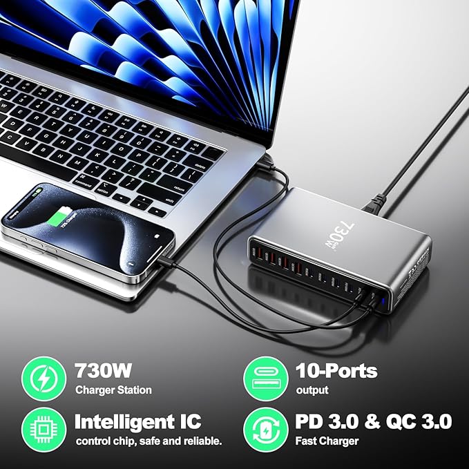 730W USB C Charger Block, 10 Port Fast USB Charging Station for Multi Devices, GaN Ⅲ Charging Block Double 140W/100W/65W PD PPS Port Laptop Charger Compatible with MacBook Pro/Air/iPhone 16/15/Samsung