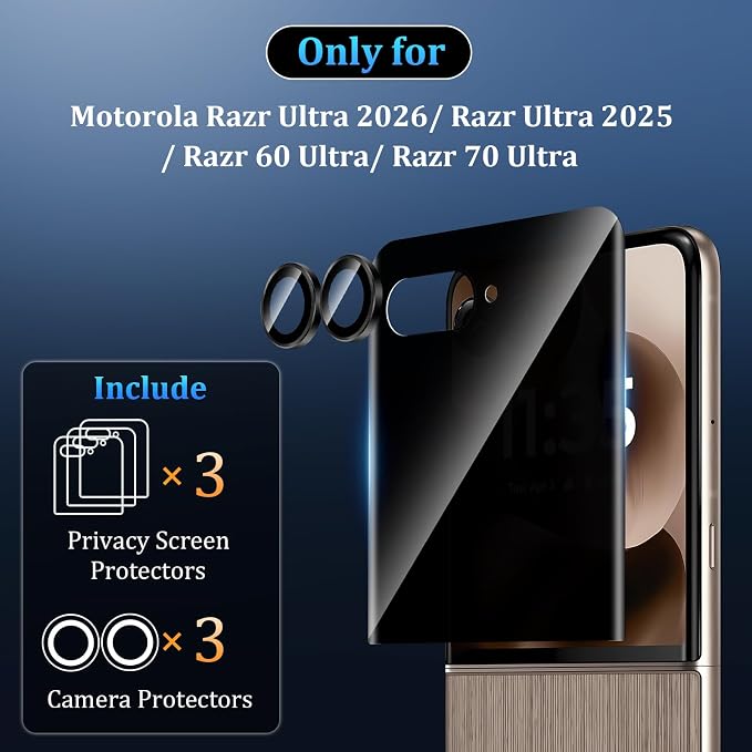 3+3 Pack for Motorola Razr+ 2024/2025 Front Privacy Screen Protector + Camera Protector3D Curved Full Cover Tempered Glass[Anti-Spy] Bubble Free Screen Protector for Razr 60 Pro/ 50 Ultra
