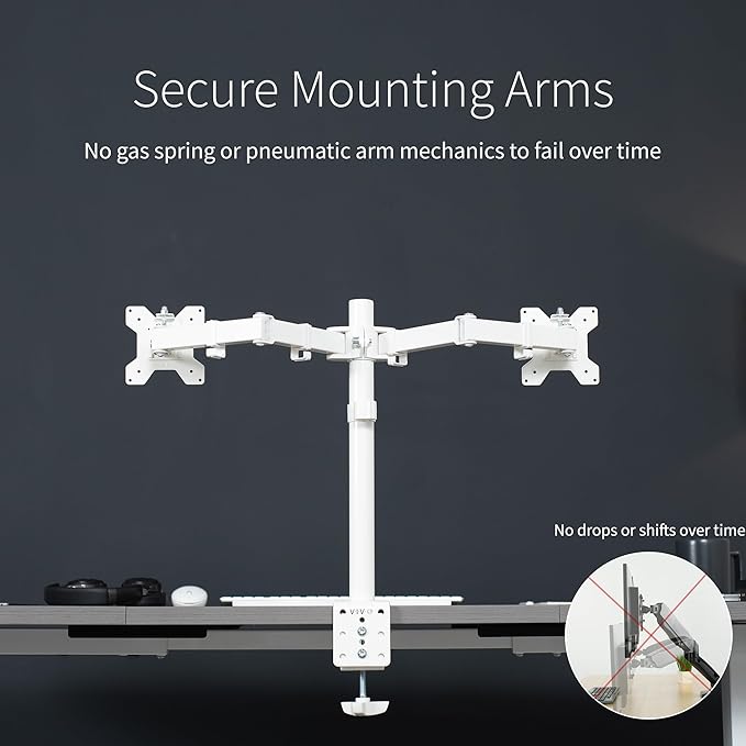 VIVO White Dual 13 to 27 inch LCD LED Monitor Desk Mount Stand with C-clamp and Bolt-Through Grommet, Heavy Duty Fully Adjustable Arms for 2 Screens STAND-V002W