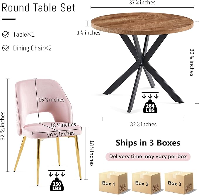 NORDICANA 3-Piece Dining Table Set for 2 - Space Saving 37-Inch Round Table and Chairs, 2 Seaters Dining Set with Upholstered Dining Chairs (Light Pink)