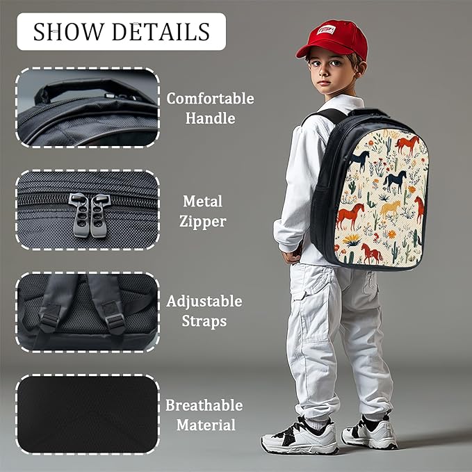 Horses Backpack Set 3 Piece School Bags and Lunch Box with Pencil Case Horse Cactus Bookbag Set for Toddler Kids Girls Boys Teens Kindergarten Elementary Middle