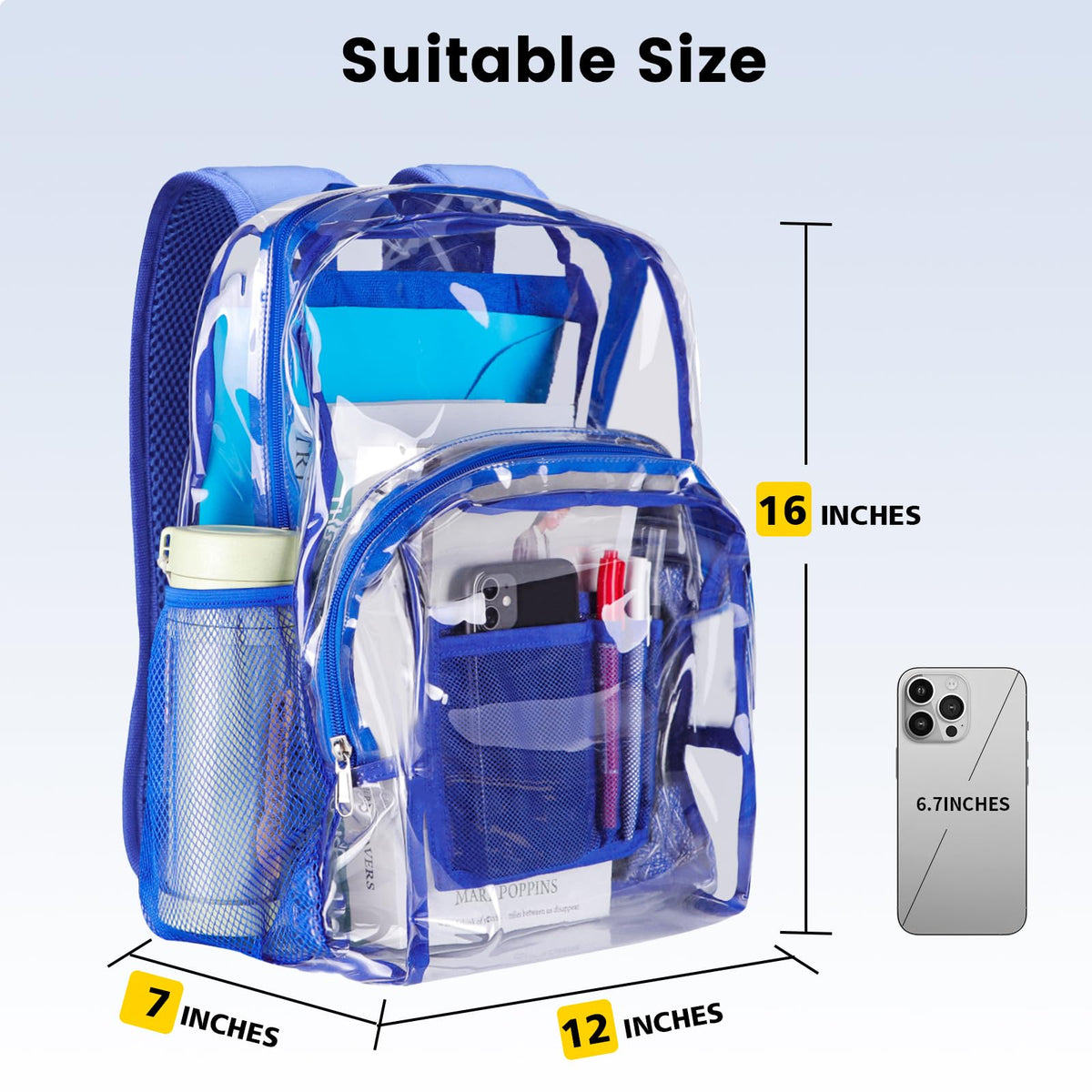 Vorspack Clear Backpack Heavy Duty PVC Transparent Backpack with Reinforced Strap Stitches & Large Capacity for College Workplace Security -Blue