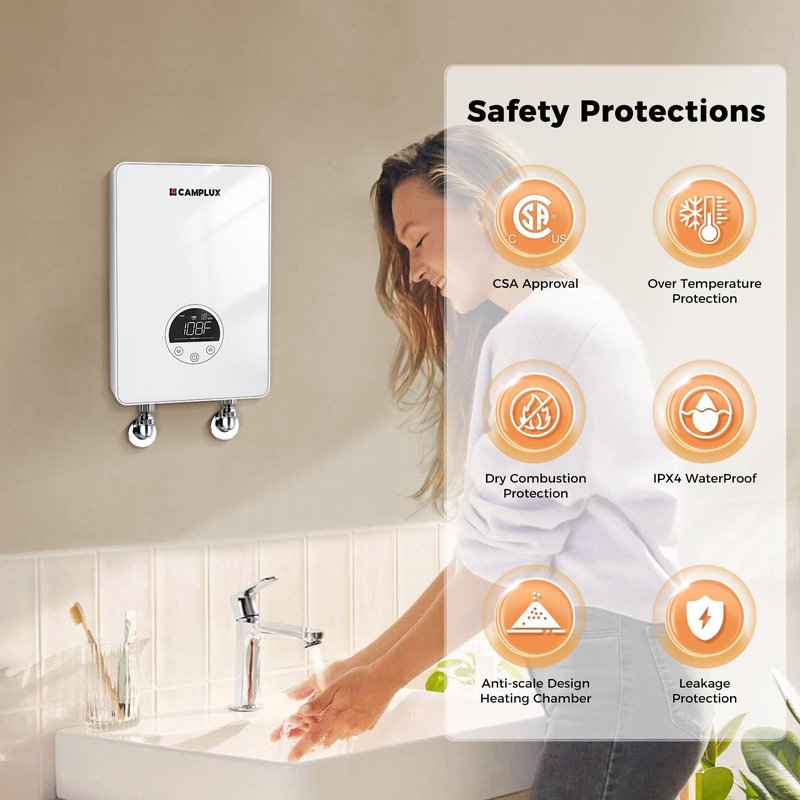 CAMPLUX Tankless Water Heater Electric 120V, 4500W Point of Use Instant Hot Water Heater, Save Space for Sink Wall Mounted LED Digital Display CSA Certified