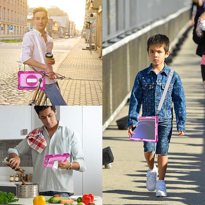 Case for Samsung Galaxy Tab S10 Lite 10.9-Inch Tablet – Shockproof Silicone Protective Cover with Shoulder StrapWrist Strap Drop-Resistant Business Style (Rose red+Pink)